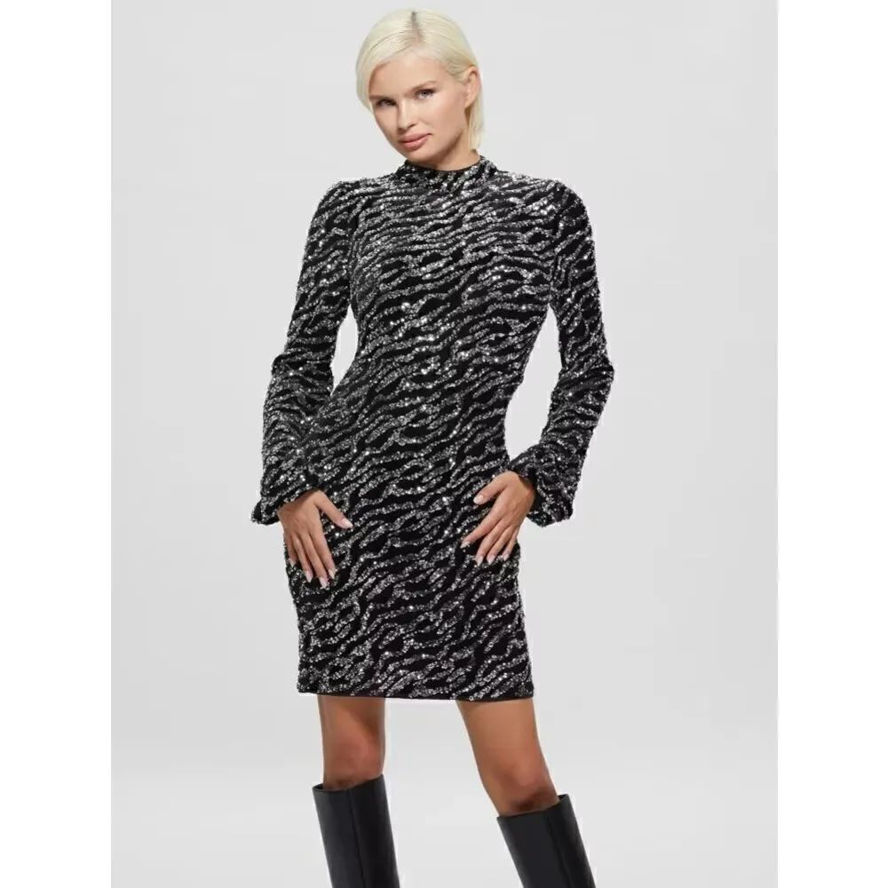 GUESS NWT Zoe Sequin Dress velour velvet Black Party Size Medium